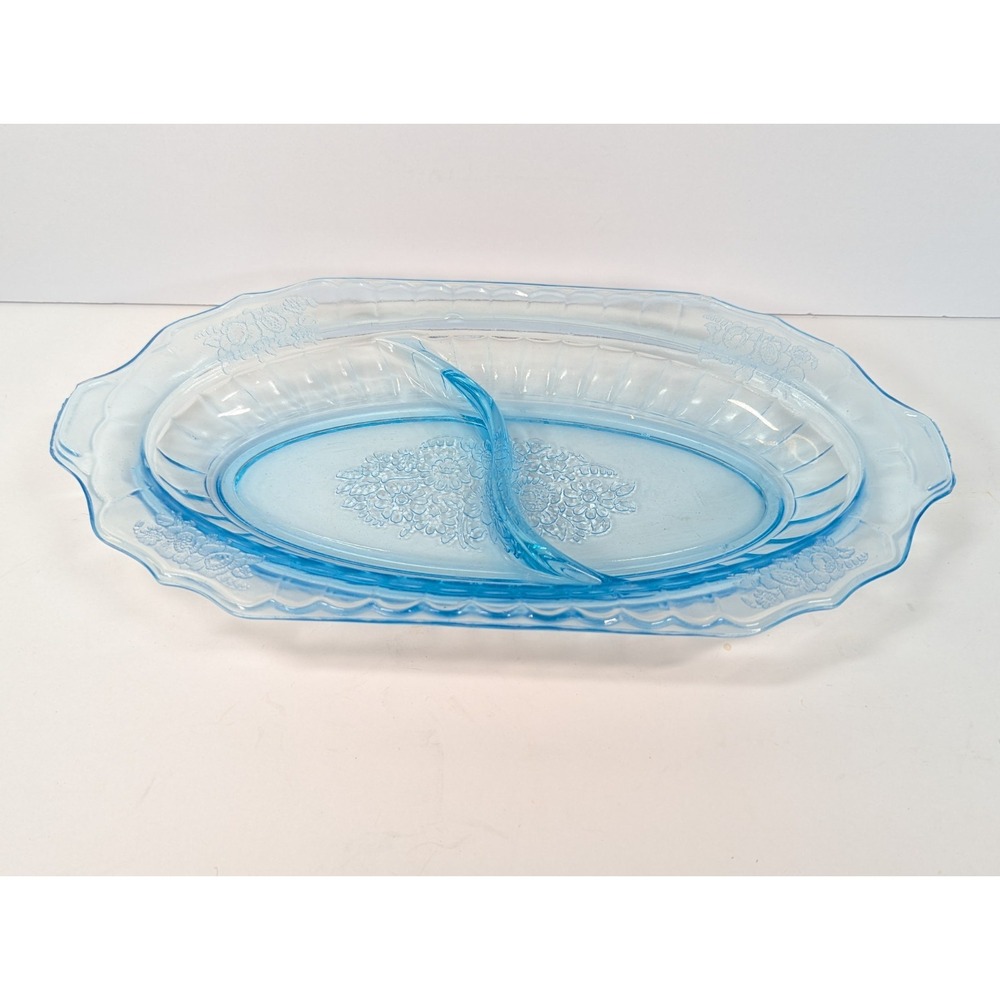 Vintage Hocking Glass Blue Mayfair Divided Celeryโ Dish